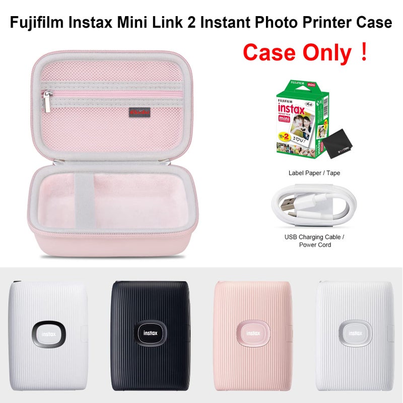 الونبو حقيبة حمل صلبة Elonbo لجهاز Fujifilm Instax Mini Link 2/3 / Fujifilm Instax Mini Link لطابعة الهاتف الذكي، طابعة صور فورية، حافظة واقية للسفر، جيب شبكي إضافي يناسب شاحن الفيلم وردي + وردي - Image 2